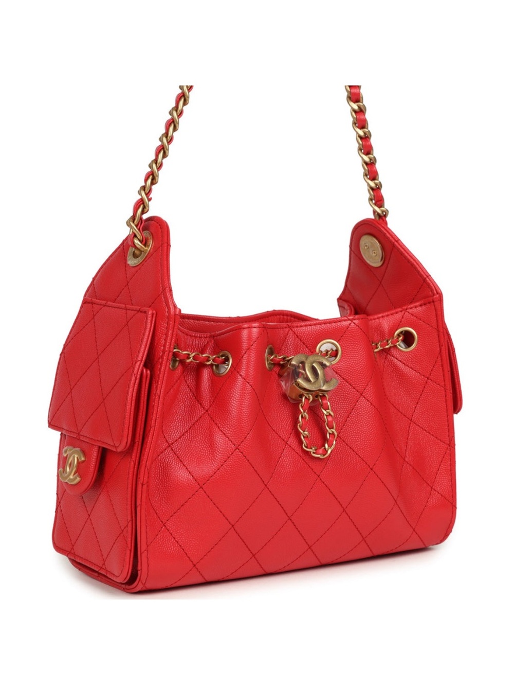 Chanel 25 Hobo Mini in Bright Red Caviar Leather with Aged Gold Hardware - Picture 6 of 8